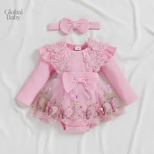 Global Baby  Baby Girl  Outfit Floral Embroidery Tulle Long Sleeve Round Neck Romper Dress Bow Headband 2 Piece Set Newborn Girl Outfit, Long Sleeve Crew Neck Embroidery Butterfly A-line
