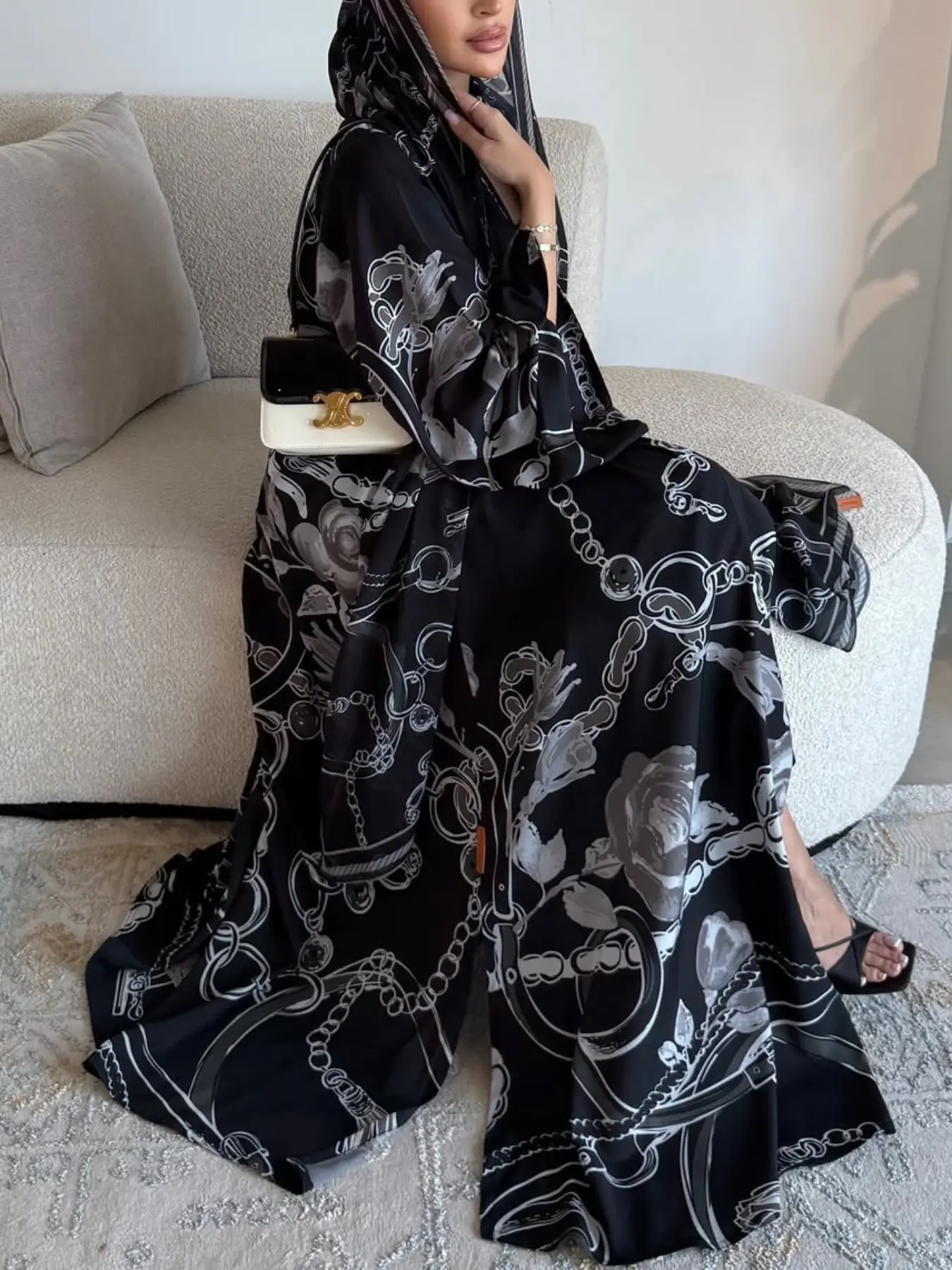 Women's Floral Print Long Sleeve Thin Abaya Khimar Set with Headscarf, Elegant Casual Islamic Clothing for All Seasons Daily Wear, Abaya Hijab Set