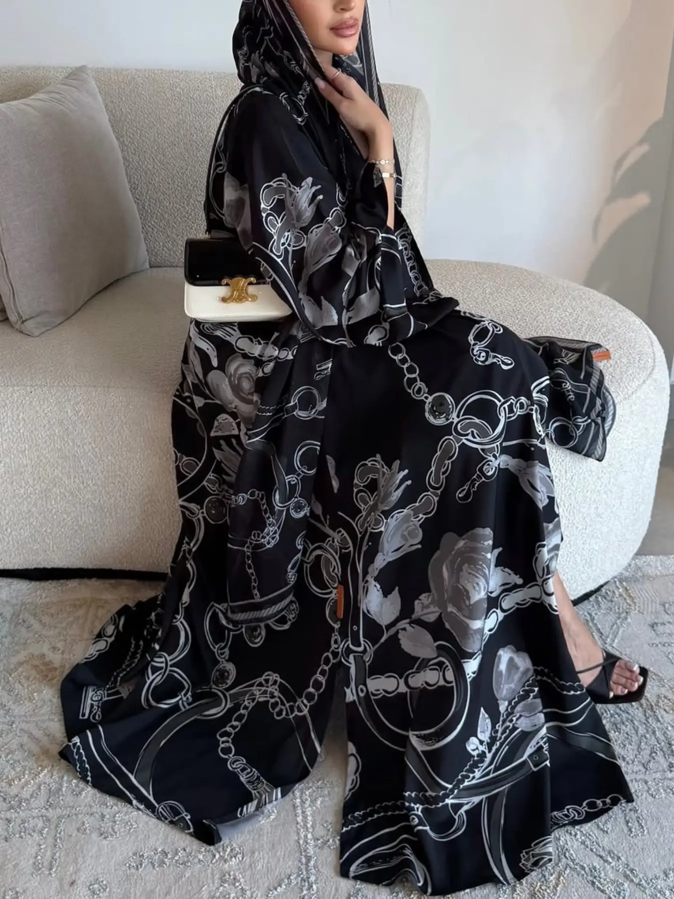 Women's Floral Print Long Sleeve Thin Abaya Set with Headscarf, Elegant Casual Islamic Clothing for All Seasons Daily Wear, Abaya Hijab Set