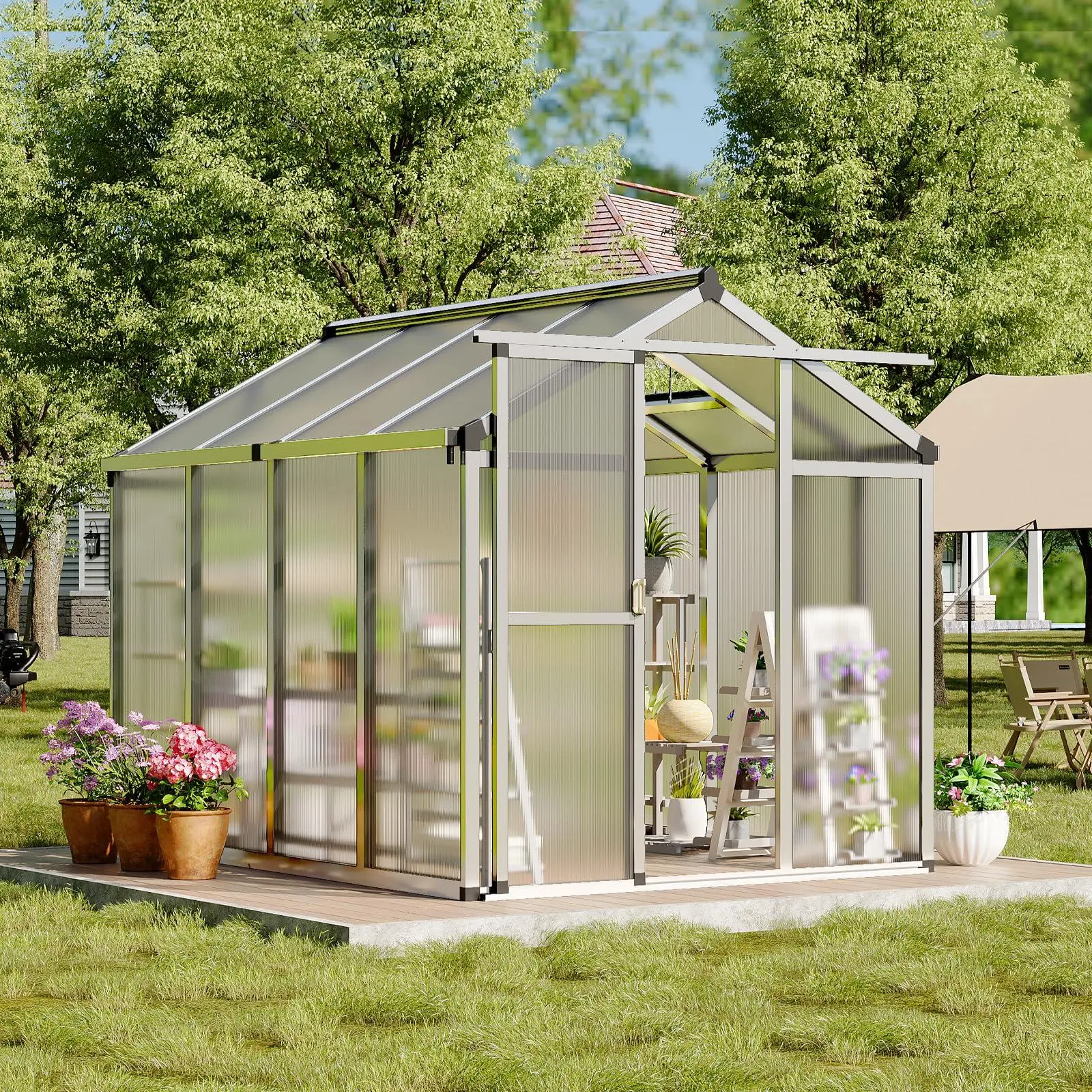 Walk-in Polycarbonate Greenhouse for Outdoors – Heavy Duty Aluminum Frame, Lockable Sliding Door, Adjustable Roof Vent, Easy Assembly – 6x8 FT – Sliding Door Color Handle & Plastic