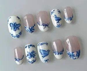 Wedding Bird nails,Custom Hand paint Acrylic nails , 3D Press On Nail, Pink Nails ,Press On Nails Short,Almond Nails ,French Nails