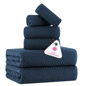 CASA COPENHAGEN Wave Textured 6 Pieces Towel Set Navy Blue 550 GSM 2 Bath Towel 2 Hand Towel 2 Washcloth Rough Tough Use Cotton Towels Gift Set for Bathroom