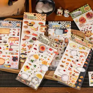 12 minimalist scenic stickers with vintage food pattern theme, made PET waterproof material, retro style, self adhesive, DIY journal decoration, scrapbook, notebook material sticker pack