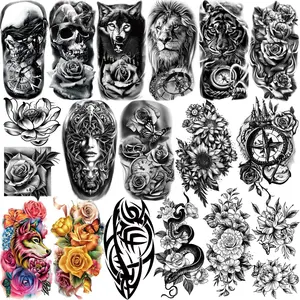 77 Sheets Waterproof Temporary Tattoo for Girls boy 17sheets Larger Half Arm Wolf Tiger Lion Fake Tattoos for Men or Women And 60 sheets Tiny Flower Snake Rose Sunflower Tattoo Sticker