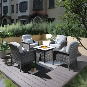 OVIOS 5-Piece Outdoor Patio Furniture Set with 30" Fire Pit Table, All-Weather Grey Wicker Chairs with Cushions for Backyard Patio Porch Deck Garden Balcony Outdoor Seating Furniture Set Lounge Style