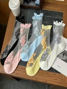5 Pairs Summer Thin Women's Ankle Socks, Ice Silk Hand Embroidered Crystal Thread, Breathable Comfort, Fashion Sweet Chic Mid-Calf Socks