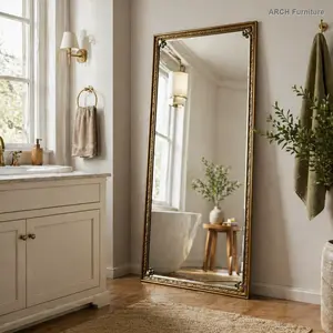 Antique Gold Arched Full-Length Explosion-Safe Glass Mirror, Decorative Vanity Mirror with Metal Cast Iron Stand, 70.1"x31.9" Vintage Home Supply - Easy Installation, Wall Hanging/Leaning Option for Bedroom, Arched Mirror