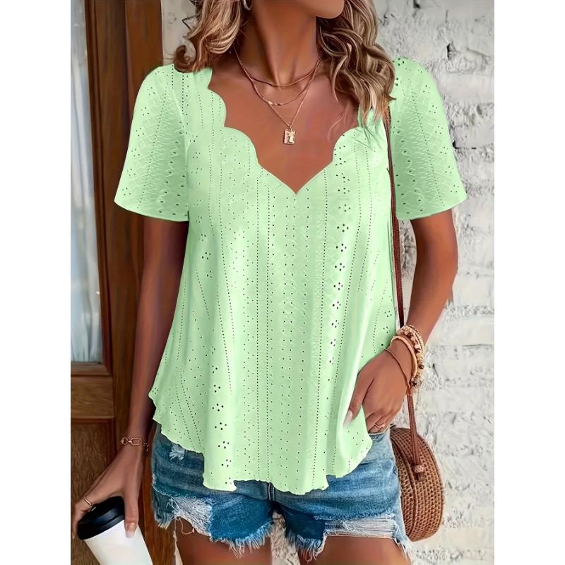 V Neck Plus Size Casual Short Sleeve Eyelet Scallop Trim T-Shirt - Spring & Summer Top For Women  Collar Fabric Elegant White Chic Womenswear Blouse Shortsleeve Vneck Spandex Vibe Knit Fitted Fluorescent Green