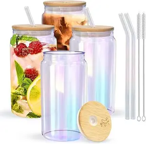 Drinking Cups with Bamboo Lids and Straw 16oz 4pcs Set Cups for Beer Smoothies Cocktail Whiskey Iced Coffee