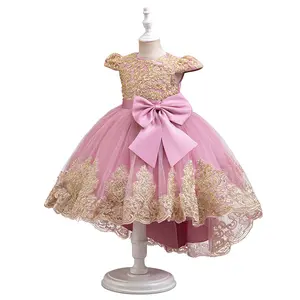 Girls Pink Princess Dress with Bow High Low Ruffles Chiffon Train Birthday Party Flower Girl Holiday Special Occasion Dress for Kids
