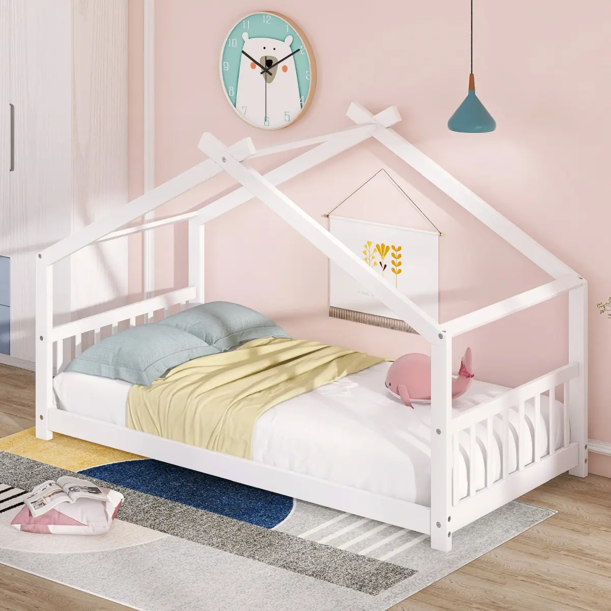 [Fahuac] Twin Size Wooden Bed Frame with Roof - White Cottage Style Furniture for Bedroom, No Box Spring Needed, Cozy Indoor Bed, Wooden Bedframe Bed With Headboard