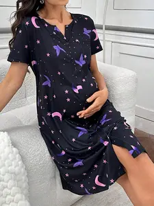 Maternity Summer Butterfly & Moon Star Print Front Button Short Sleeve Pajama Sleep Dress Baby Blue Casual Nightgown for Maternity & Nursing