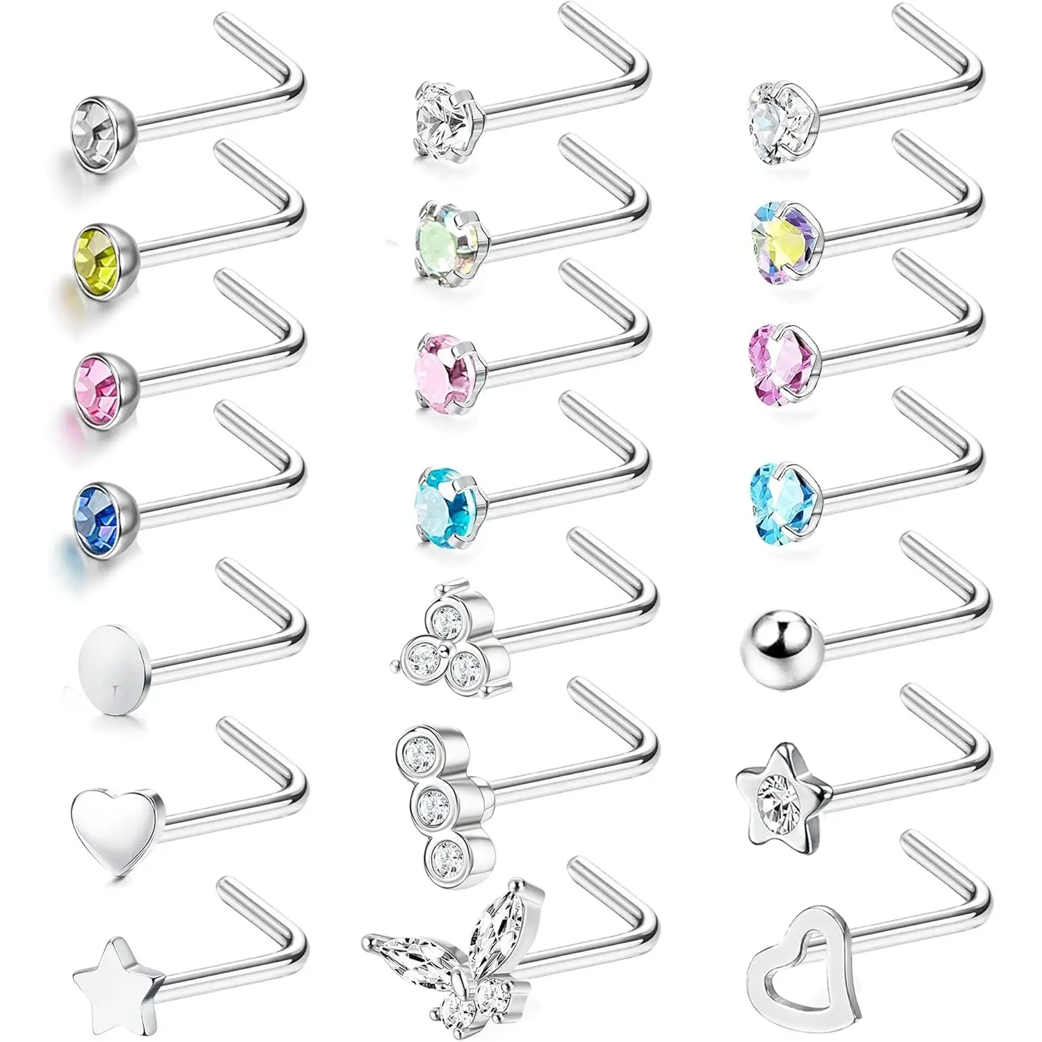 21 Pcs 20G Nose Stud Piercing 316L Surgical Steel for Women Men Hypoallergenic Small Colorful CZ Silver Nose Studs L Shaped Nose Piercing Jewellery