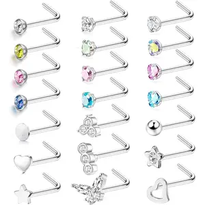 21 Pcs 20G Nose Stud Piercing 316L Surgical Steel for Women Men Hypoallergenic Small Colorful CZ Silver Nose Studs L Shaped Nose Piercing Jewellery