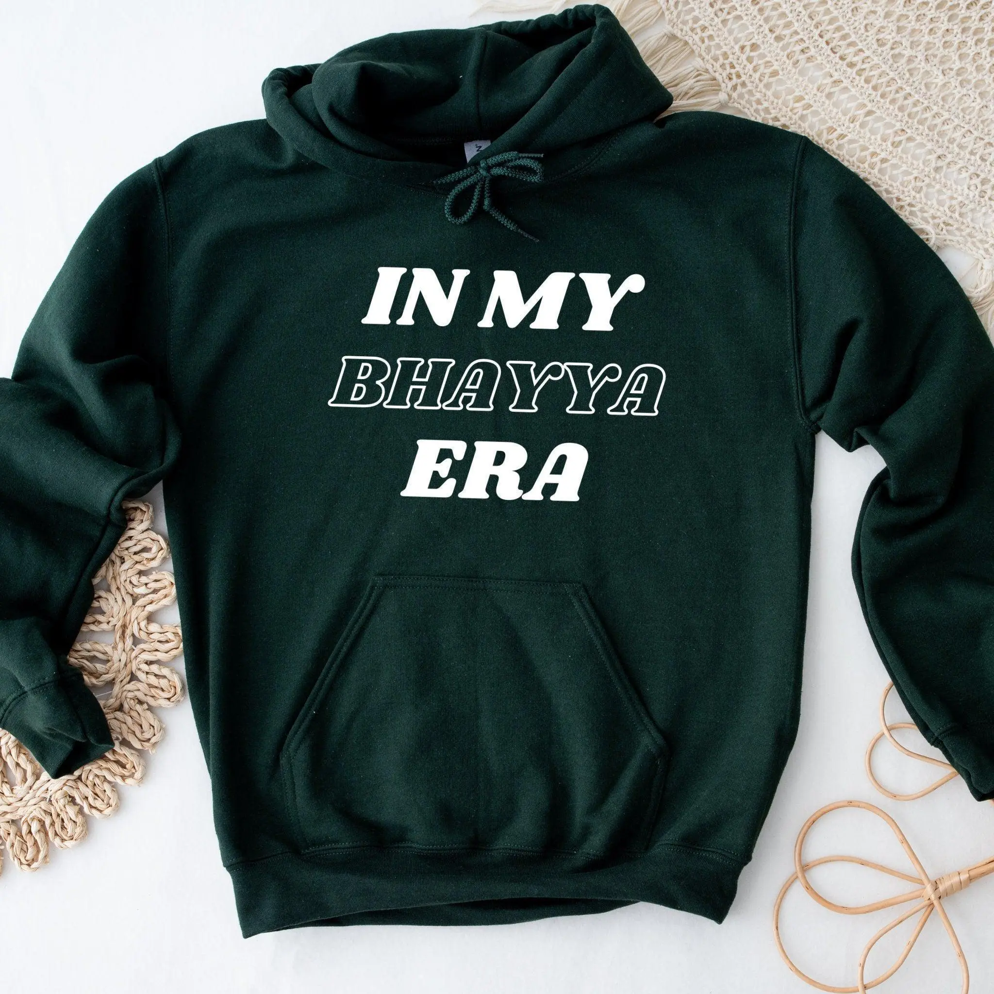 In My Bhayya Era Hoodie by Humraha | Desi Arab Muslim Fashion Apparel Gifts for Ramadan Eid Nikkah Wedding Couples Families New Moms Aunts Uncles Grandparents | Pakistan India Bangladesh Palestine Lebanon Egypt Syria