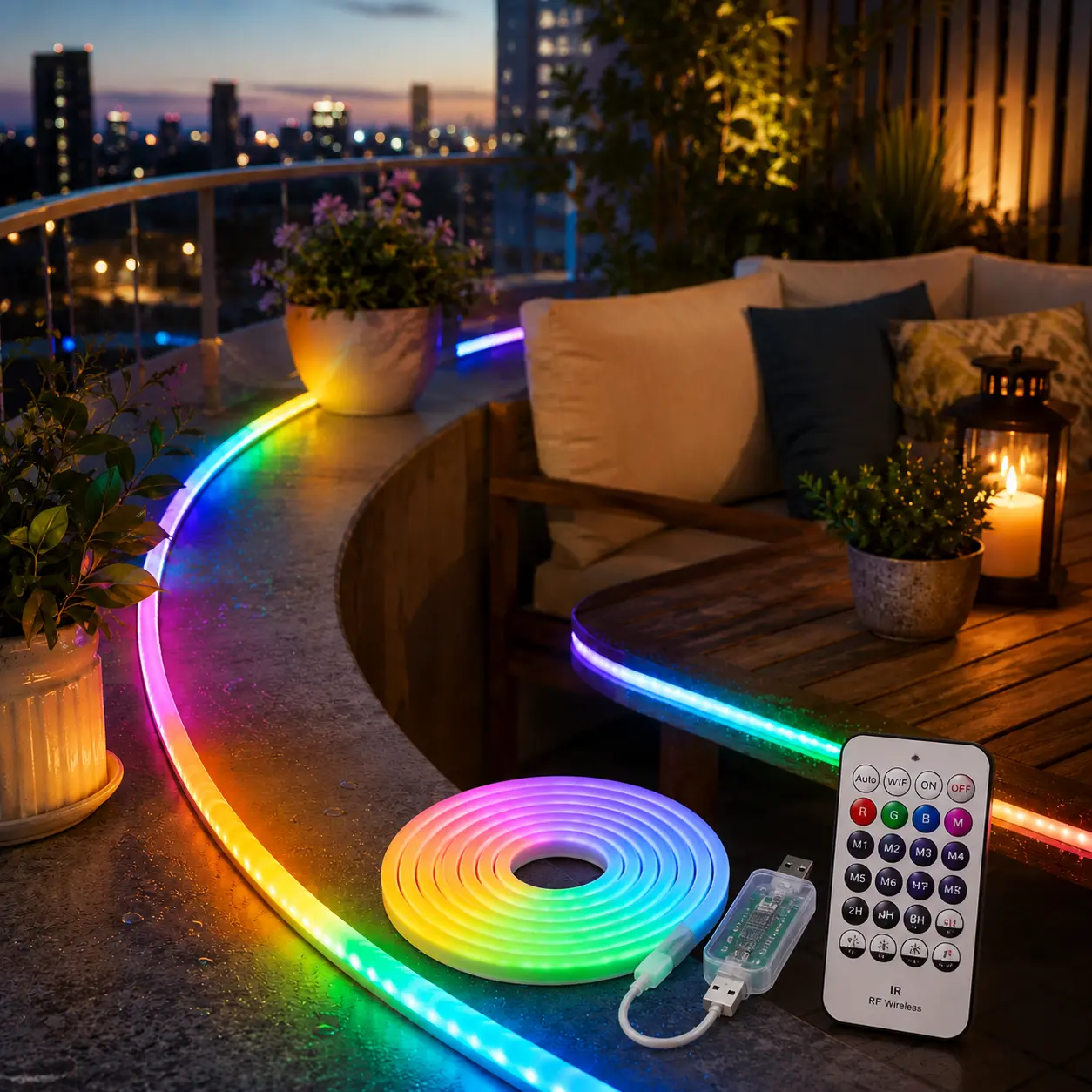 Patio and Balcony Neon Lights, 5M RGBIC IP68 Waterproof Rope Light with Bluetooth App, Remote Control and Music Sync, USB Powered Outdoor Accent Lighting for Backyard and Evening Decor