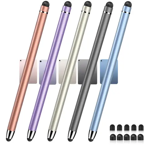 5-Pack Multicolour 2-in-1 Steel Digital Capacitive Pen Styluses, 5.43 inch, 0.32 oz, Dual Tips, High Sensitivity, Precision, Extended Grip, Gifting Option, Computer & Touch Screen Laptops Accessories for iPad, iPhone, Android Tablets (Includes 1 Blue Pen)