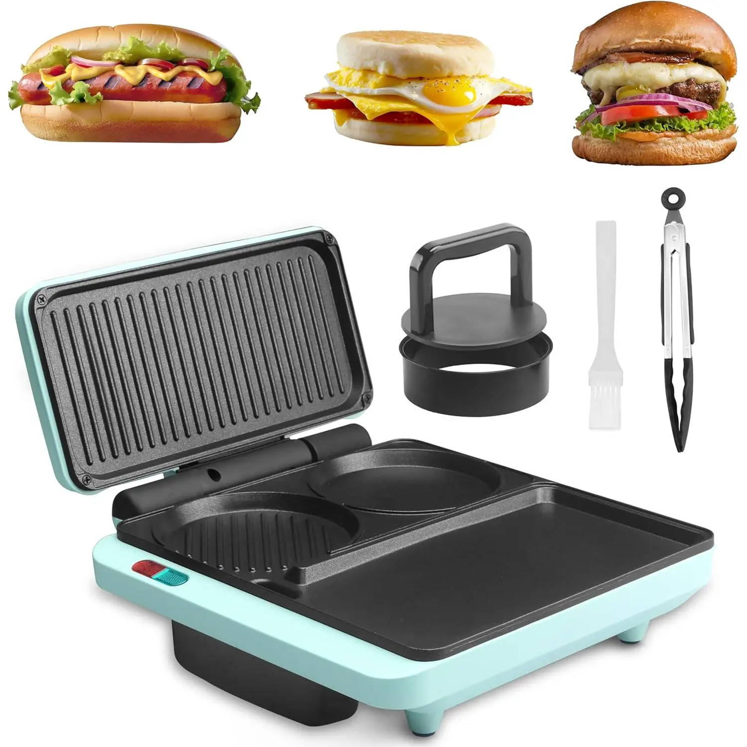 3-in-1 Nonstick Electric Kitchen Breakfast Sandwich Maker - Multi-Use Griddle & Grill Combo, Daily Use Breakfast Station for Home Cooks, Includes Burger Press, Tong & Brush (Makes Egg Muffins, Burgers, Hot Dogs, Pancakes), No