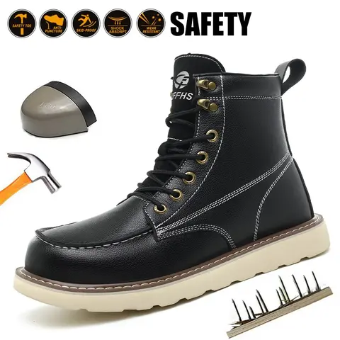 Men's Heavy-Duty Leather High-Top Lace-Up Work & Safety Footwear - Steel Toe Cap, Anti-Piercing, Shockabsorb Step, Round Toe, Fabric Accents, Synthetic, Water-Resistant Laces, Safety Gear, All Seasons, Letter Print, for Construction Use