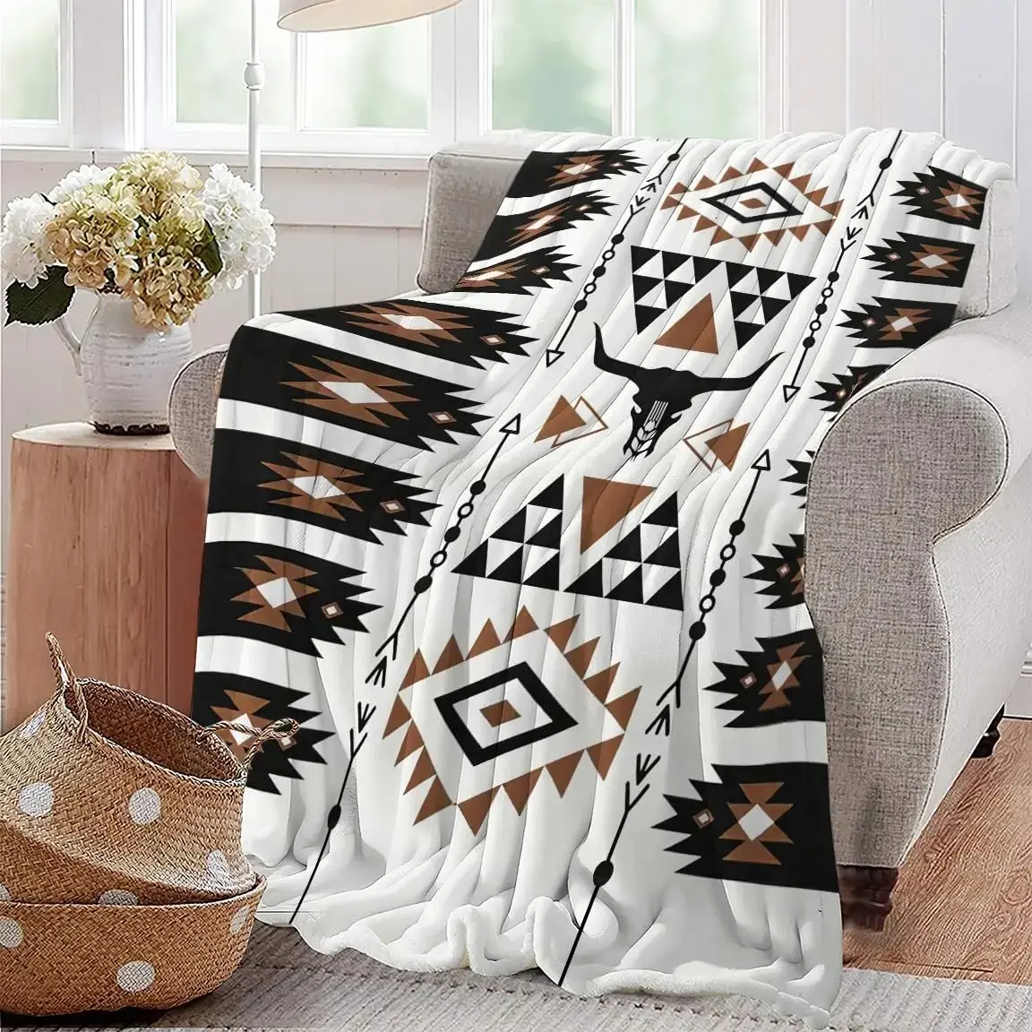 Western Boho Cowboy Print Blanket Country Farm Native West Aztec Indian Texas Longhorn Bull Skull Throw Blankets for Couch Sofa Stuff Decor Gifts Soft Cozy Fleece Plush Flannel Bedding for Lover Man Woman Adults