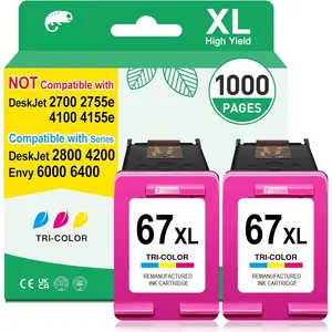 67XL Color Ink Cartridges for  67 Color Ink  for Deskjet 2800e 2855e 2827e 2842e 2852e 2700 2755e 2742e 4255e 4227e Envy 6455e 6055e 6000 for HP67 Tricolor Replacement (2 Pack)