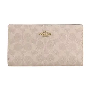 COACH Signature Canvas 18 Zip Wallet for Women – Sand and White