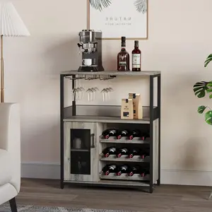 Garvee Multi-Functional Wooden Wine Bar Cabinet with Adjustable Shelves, Mesh Doors, Glass Holders, Detachable Wine Racks, and LED Lighting - Compact Modern Storage for Kitchen, Dining, and Home Bars in Various Colors and Industrial Styles