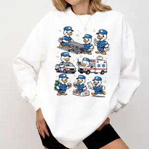 [Made in USA] EMT Duck Sweatshirt, Cute EMT Duck Graphic Crewneck Pullover, Funny First Responder Medical Goose Oversized Sweatshirt, EMS Week Outfit, Healthcare Gift For EMT Women Men.