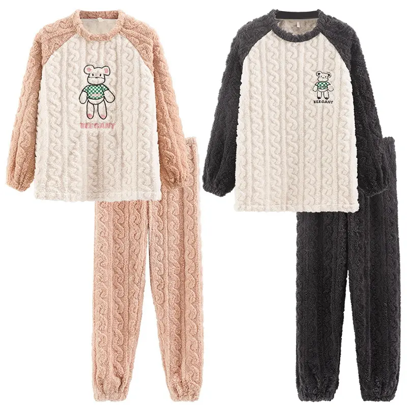 Cute Matching Couples Pajama Set in Thick Coral Fleece, 2-Piece Warm Winter Loungewear with Round Neck Longsleeve Tops and Pants, Style, Baggy, Fabric, Oversized, Adjustable
