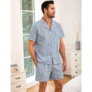 Mens 100% Cotton Pajama Set Sleepwear Short Sleeve Pj Set Button Down Lounge Set Plaid Pajamas S-3XL Loungewear Menswear