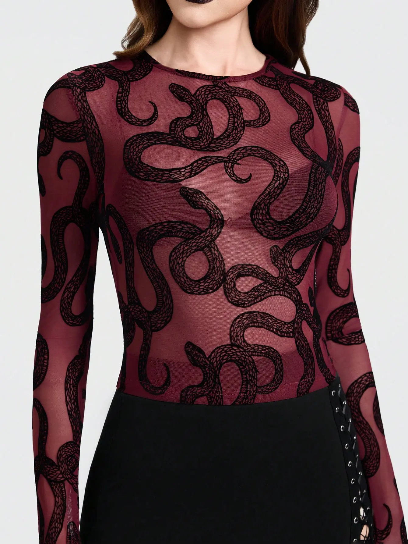 LALUZ Gothic Snake Print Flocked Mesh Top Women's Long Sleeve Round Neck Fitted Goth Shirt Sheer See Through Club Night Out Streetwear Festival Y2K