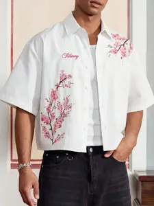 Men's Short Sleeve Blouse, Shirts, Casual Street Style, Cherry Blossom Print, Loose Fit, Trendy Fashion, Outdoor Wear, Fresh and Simple Design