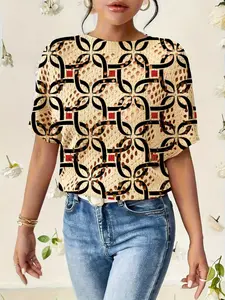 Women's Geometric Print Round Neck Sweater, Casual Batwing Sleeve Knitwear for Fall Winter, Comfortable Warm Daily Wear