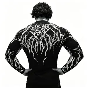 Breathedivinity Men's Compression Long Sleeve Gym Shirt Quick Dry Breathable Athletic Workout Top Gothic Lightning Print Muscle Fit Fitness Tee