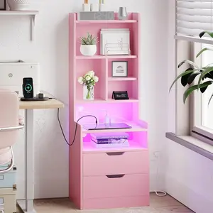 LED Tall Nightstand with Bookshelf Charging Station Pink