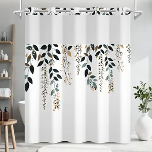 Dark Green Eucalyptus Shower with Snap in Liner, Waterproof No Hook Shower with Mesh Top Window, Minimalist Leaves Botanical Nature Curtains, Weighted Hem, 71x74 Inch