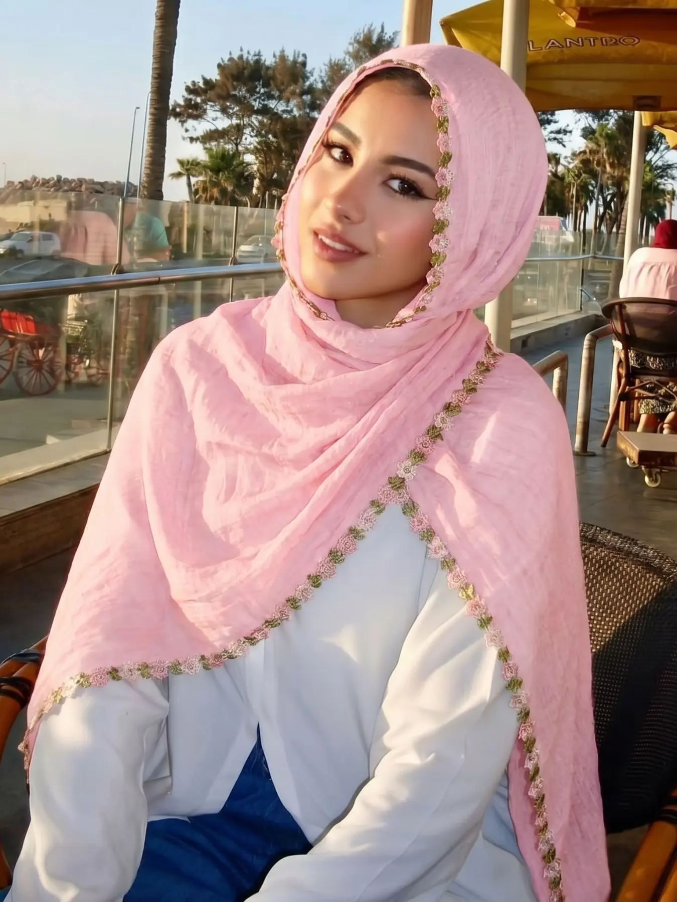 Fashion Floral Embroidered Chiffon Hijab Scarf, Elegant Chic Modest Women's Headscarf Headwrap, Muslim Daily Wear Turban, Breathable Beach Long Shawl For Muslim