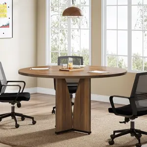 LITTLE TREE 39" Round Conference Table for 4, Modern Round Meeting Table with Sturdy Base, Small Compact Conference Room Tables for Office, Training, or Negotiation (Brown)