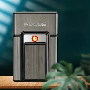 FOCUS Magnetic Cigarette Case with USB Lighter - Rechargeable & Windproof Large Smoking Accessory Holds 20 pcs for Men and Women Made of Metal and Plastic