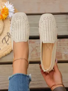 Women's Casual Soft Sole Square Toe Flat Shoes, Slip On Shoes, Elastic Band Patchwork Design, Comfortable Walking Shoes for Indoor & Outdoor Use