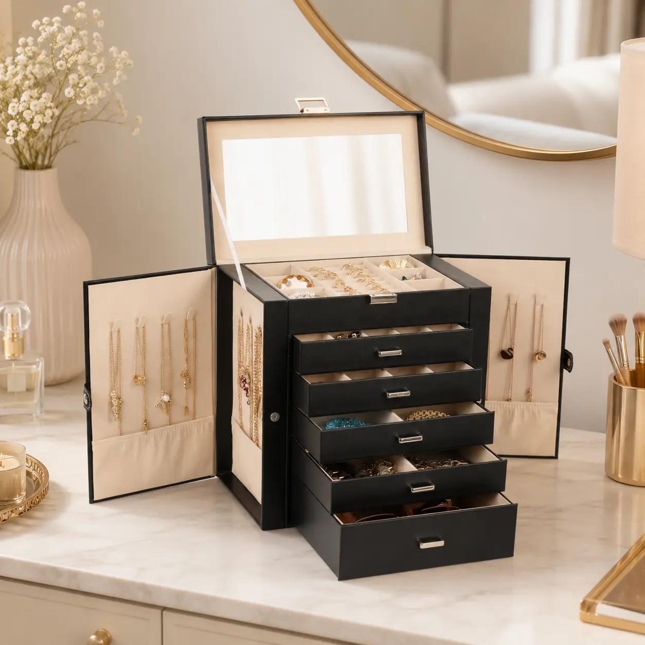 BOOVO 6-Tier Large Jewelry Organizer Box with Mirror, Multi Compartment Luxury White Leather Storage Display Case for Fine Rings, Luxury Earrings, Necklaces, Bracelets. Elegant Vanity Drawer Chest, Premium Anniversary Birthday Gift for Women（Black）