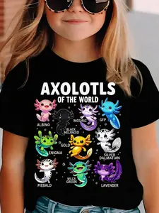 Summer Fashion Girls' Short Sleeve T-Shirt with "AXOLOTLS OF THE WORLD" Various Axolotl Cartoon Pattern Print, Casual Versatile Top DX5080