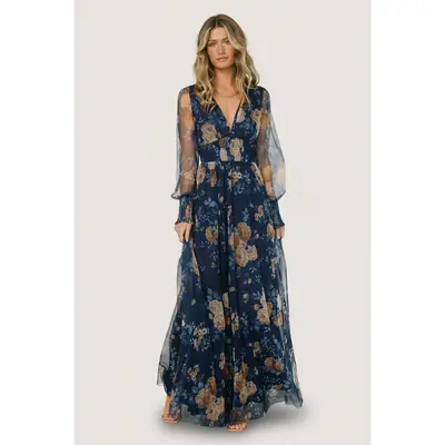 alma floral print tulle maxi dress Alma Floral Print Tulle Maxi Dress
