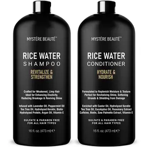 MYSTÉRE BEAUTÉ Rice Water Shampoo & Conditioner Combo - Revitalize & Strengthen Hair Care Set - Gentle, Moisturizing, Nourishing Formula - Sulfate & Paraben Free - 16 fl oz Each