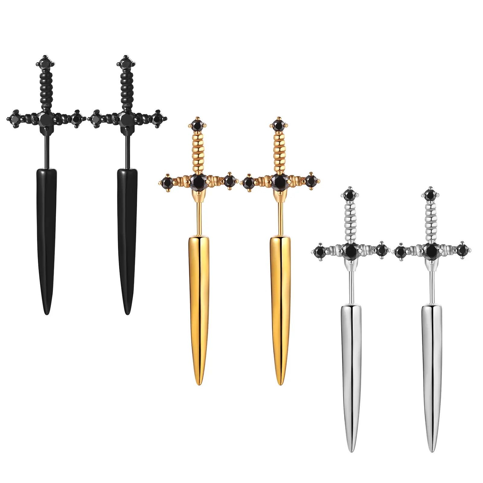OIDEA Medieval Gothic Dagger Sword Drop Earrings, 316 Stainless Steel Vintage CZ Punk Style, 316 Stainless Steel, Men's Gothic Earrings for Men Women Black, Men's Earrings, Medieval Gothic Earrings