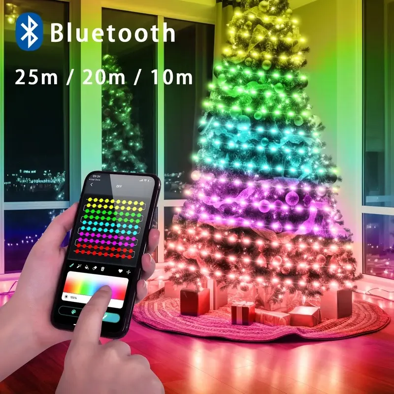 Christmas Light With Bluetooth APP and Remote control For Xmas tree Garland Decoration  Animated Color Changing Light Show with Ring &Topper Star, Waterfall Xmas Tree Lights with App&Remote Control, Music Sync, Timer