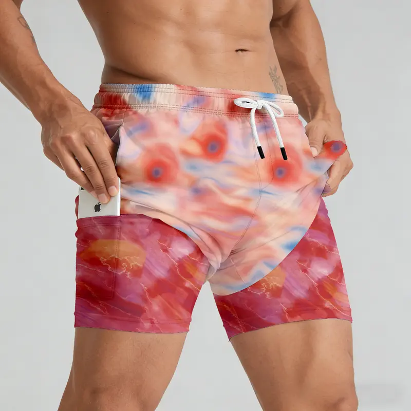ABSECAI 2026 Men's 2-in-1 Above-the-Knee Swim Trunks - 6" Compression Liner, Quick-Dry Polyester-Spandex-Elastane, Side Pockets, Invisible-Zipper Phone Pocket, US Sizes S-XXL, Activewear for Beach, Pool, Running