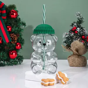 Creative New Plastic Coffee Cup, Christmas Bear Milk Tea Cup, Straw Included, Perfect for Festive Drinks, Unique Design, Bottle