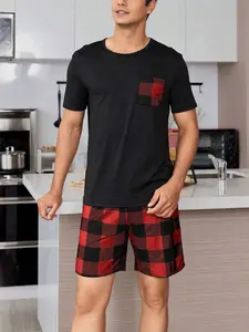 Men's Cartoon Print Short Sleeve Casual Sleepwear Loungewear Set, 2 Piece Plaid Shorts Pajama Suit, Comfortable Nightwear for Men Pjs