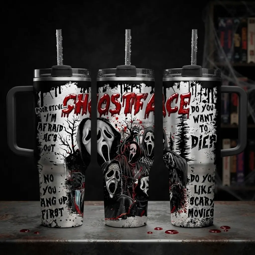 Ghostface Horror 40oz Tumbler with Handle | Scary Movie Inspired Stainless Steel Cup | Halloween Gift